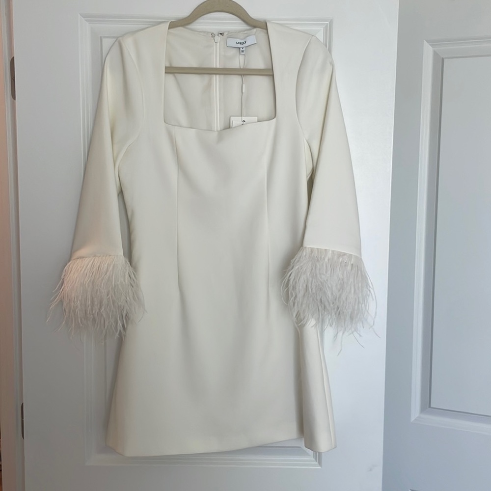 NWT Likely Cher Dress - White with Feather Trim on Sleeve